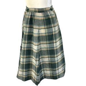 Vintage Union Made A-Line Plaid Midi Skirt Women S 24 in Waist Green Cream Irish